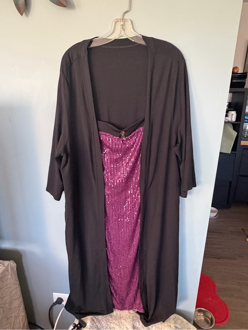 BloomChic Black Duster Robe with Magenta Sequin Slip
